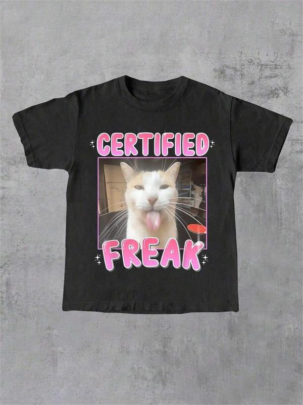 Men's Cat Print Round Neck Tee, Regular Fit Casual Short Sleeve T-shirt, Men's Summer Top for Daily Wear, Tropical...