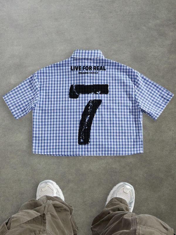 Men's Checked Short Sleeve Shirt with Digital Slogan Print, Casual Vintage Style for Summer, Trendy Streetwear Outdoor...