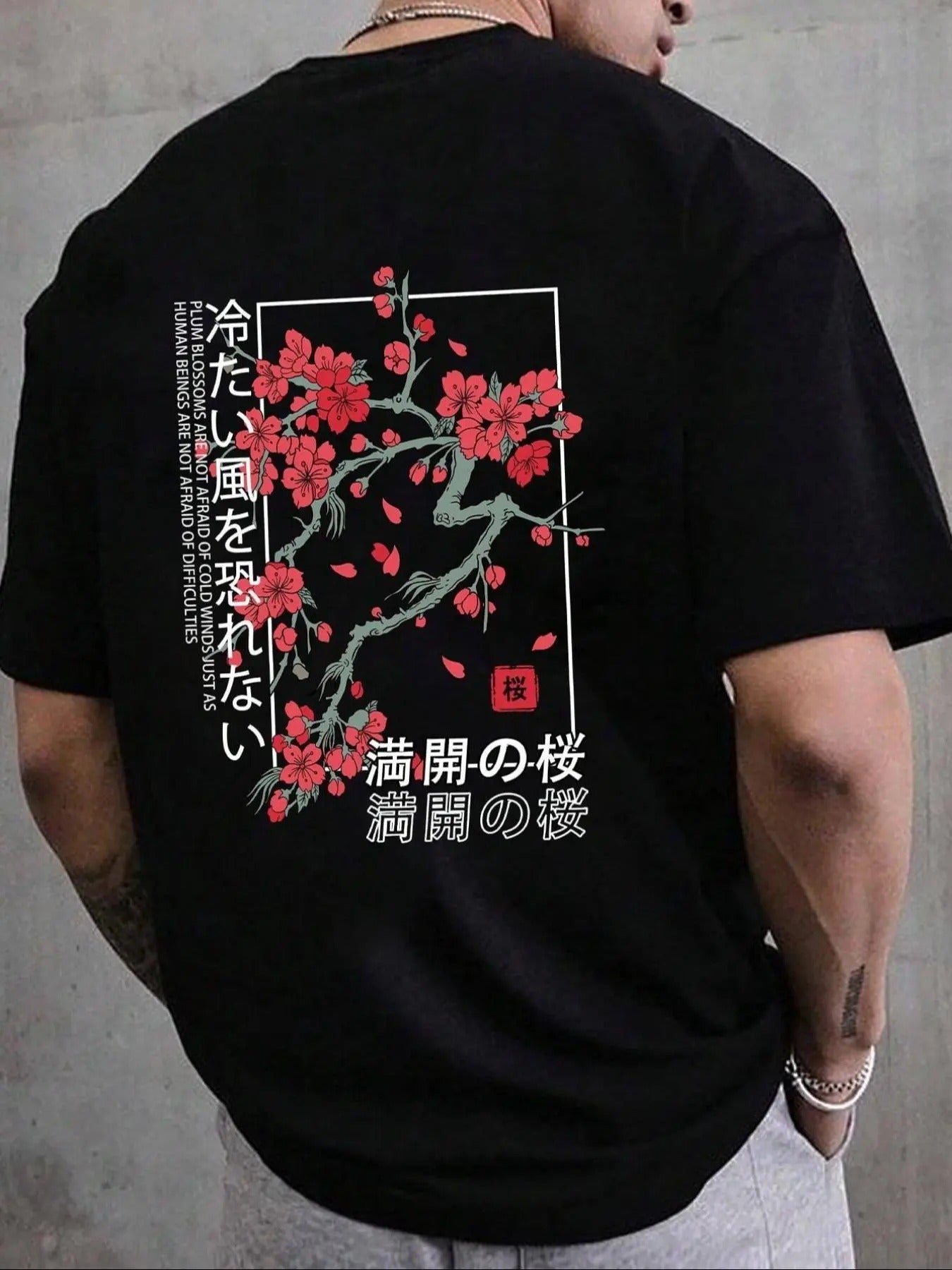 Men's Cherry Blossom & Letter Print Round Neck Tee, Regular Fit Casual Short Sleeve T-shirt for Summer, Men's Top for...