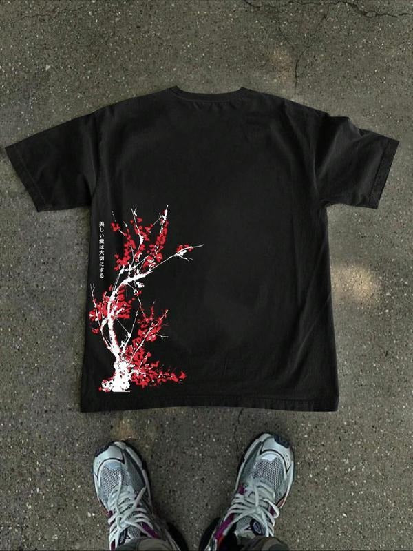 Men's Cherry Blossom Print Round Neck Tee, Regular Fit Casual Short Sleeve Crew Neck T-shirt for Summer, Fashion Men's...