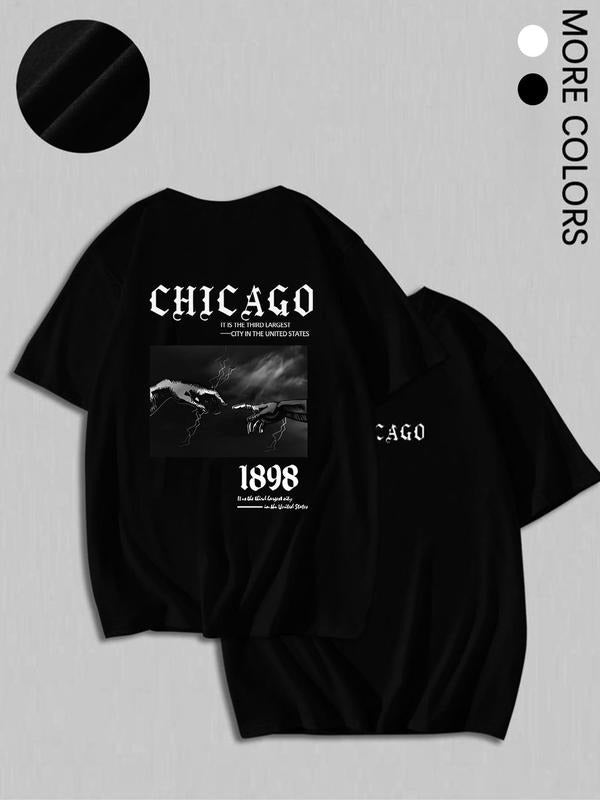 Men's Chicago Print Round Neck Tee, Regular Fit Casual Short Sleeve Crew Neck T-Shirt for Daily Wear, Men's Top for...