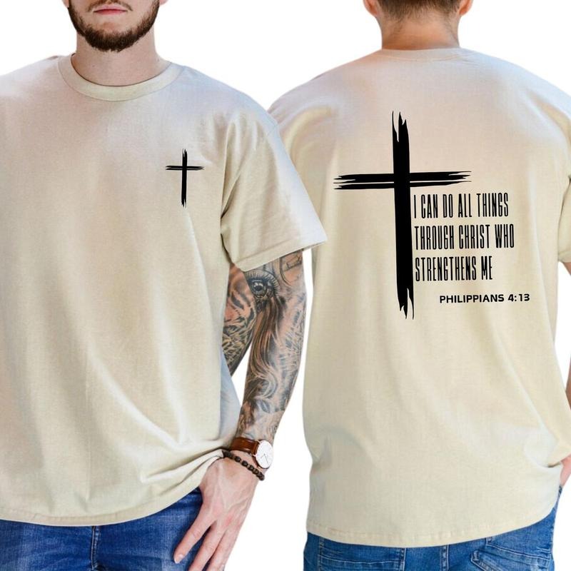 Men's Christian Cross 2 Sided T-shirt, I Can Do All Things Through Christ Shirt, Bible Verses Tops, Jesus Faith Religious...