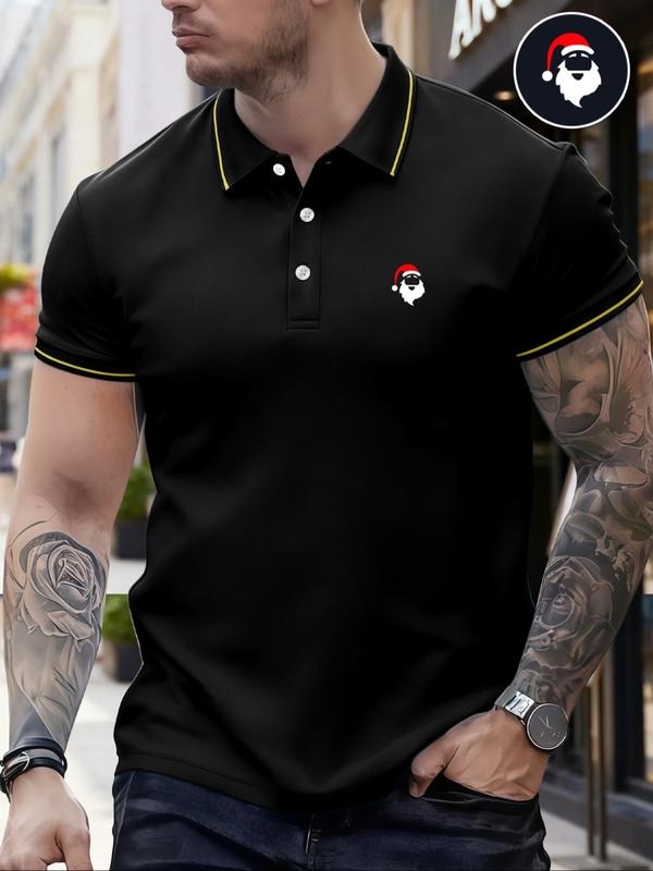 Men's Classic Fashion Casual Comfortable Micro-Elastic Straight Tube Polo Shirt, Trim Design, Christmas Santa Print,...