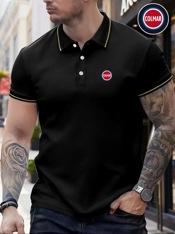 Men's Classic Fashion Casual Comfortable Micro-Elastic Straight Tube Polo Shirt, Trim Design, Embroidered Logo, Outdoor...