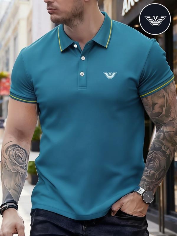 Men's Classic Fashion Casual Comfortable Micro-Elastic Straight Tube Polo Shirt, Trim Design, Geometric Print, Outdoor...