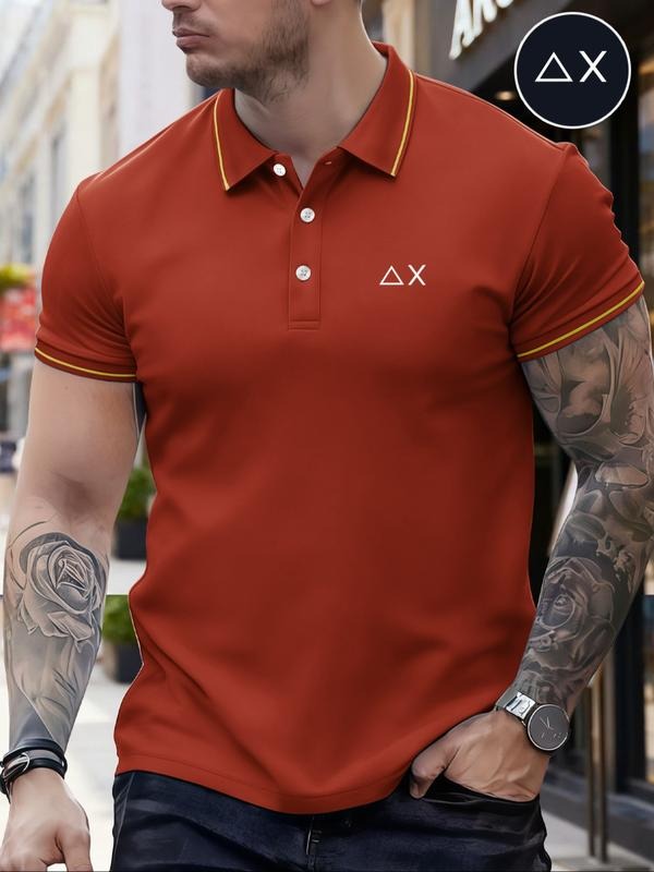 Men's Classic Fashion Casual Comfortable Micro-Elastic Straight Tube Polo Shirt, Trim Design, Geometric Print, Outdoor...