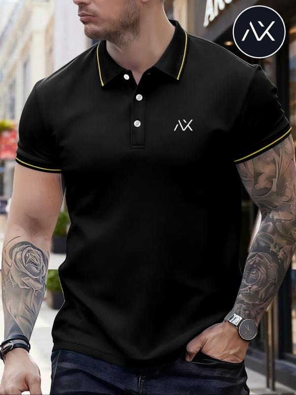 Men's Classic Fashion Casual Comfortable Micro-Elastic Straight Tube Polo Shirt, Trim Design, Geometric Print, Summer...