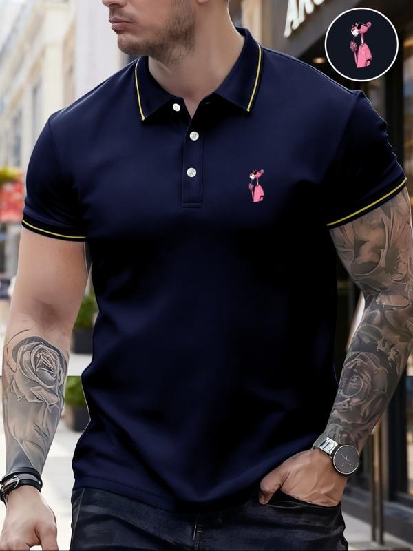Men's Classic Fashion Casual Comfortable Micro-Elastic Straight Tube Polo Shirt, Trim Design, Leopard Print, Outdoor...