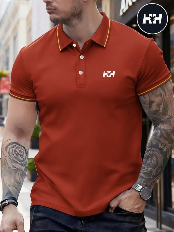 Men's Classic Fashion Casual Comfortable Micro-Elastic Straight Tube Polo Shirt, Trim Design, Letter Print, Outdoor...