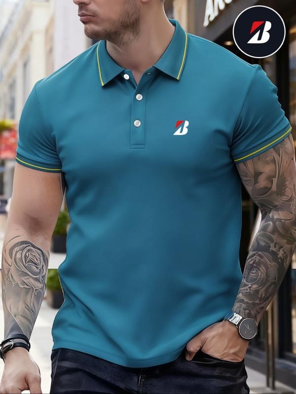 Men's Classic Fashion Casual Comfortable Micro-Elastic Straight Tube Polo Shirt, Trim Design, Letter Print, Outdoor...