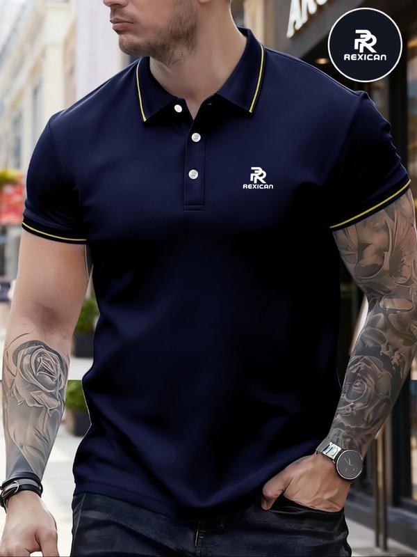 Men's Classic Fashion Casual Comfortable Micro-Elastic Straight Tube Polo Shirt, Trim Design, Letter Print, Outdoor...