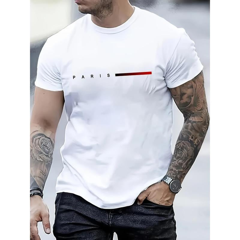 Men's Classic Paris-Inspired White T-Shirt - Short Sleeve, Loose Fit with Red Stripe Detail, Round Neck, 100% Polyester,...