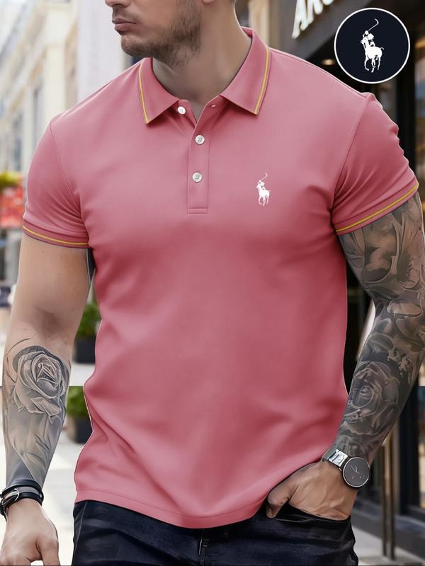 Men's Classic Young Fashion Casual Comfortable Micro-Elastic Polo Shirt, Border Design, Horse Print, Outdoor Sports,...