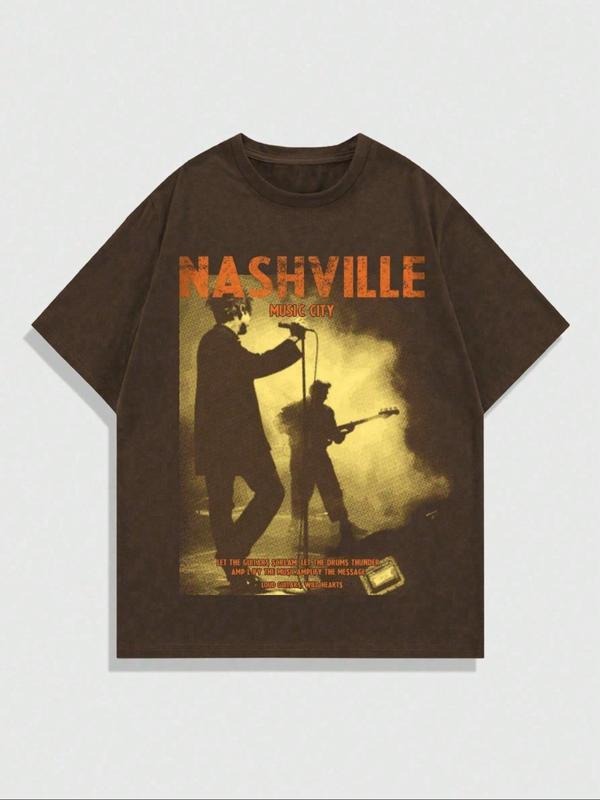 Men's Colorblock Nashville City Print Round Neck Tee, Regular Fit Casual Short Sleeve T-shirt for Summer, Men's Top for...