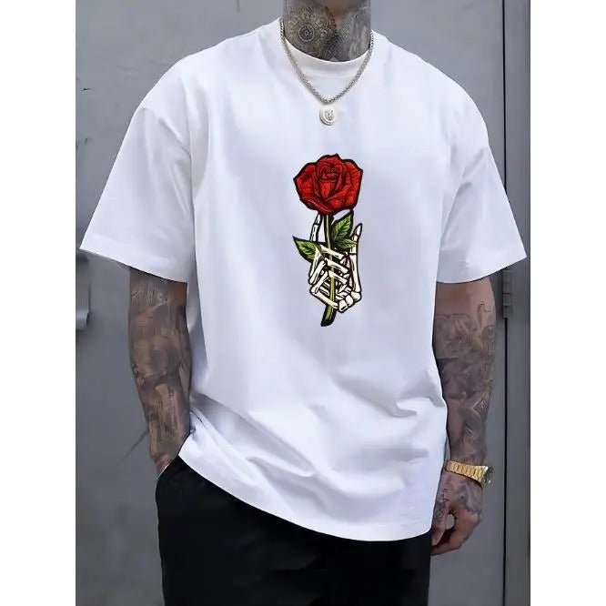 Men's Comfy Round Crew Neck Short Sleeve Tee, Breathable Fashion T-Shirt with Rose Pattern Print for Spring Summer...