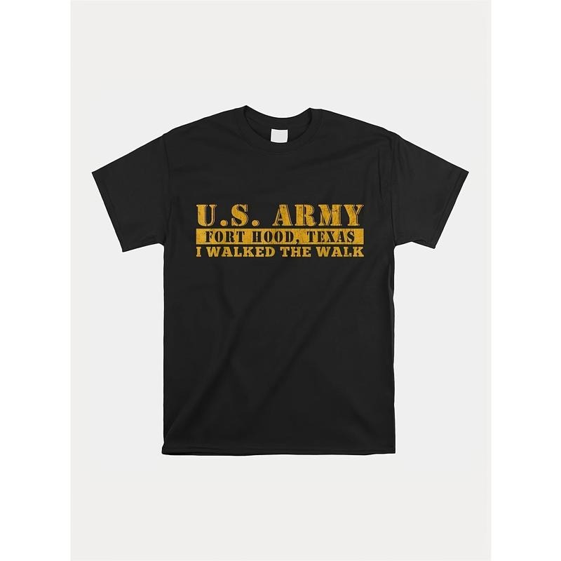 Men's Cotton Round-Neck T-Shirt with Fort Hood U.S. Army Print, Casual Short-Sleeve Knit Pullover, Regular Fit All-Season...