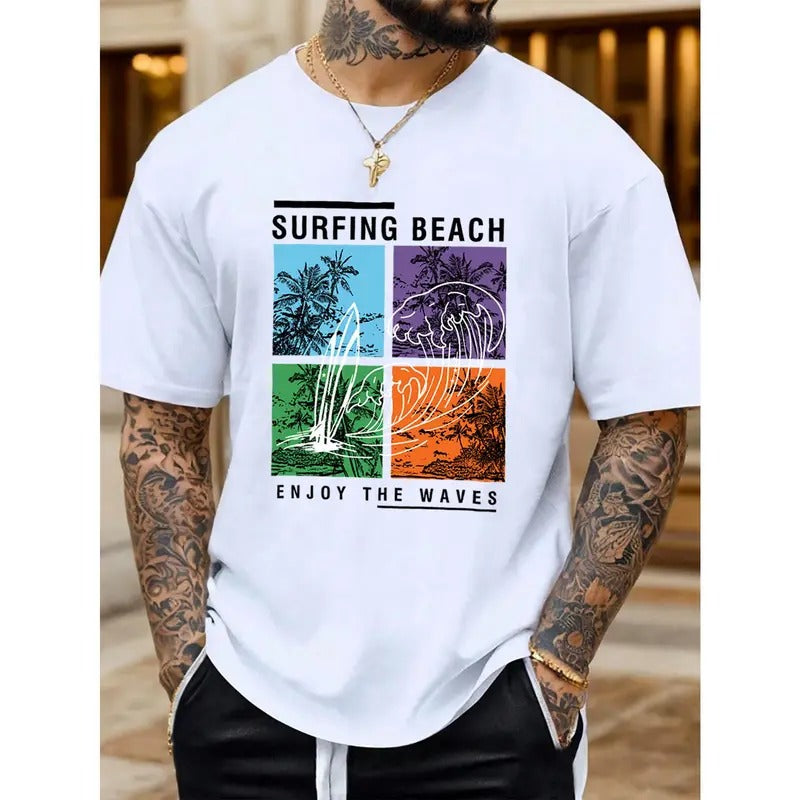Men's Cotton Trees Graphic Print T-shirt, Casual Short Sleeve Crew Neck Tee, Men's Clothing For Summer Outdoor Made in...