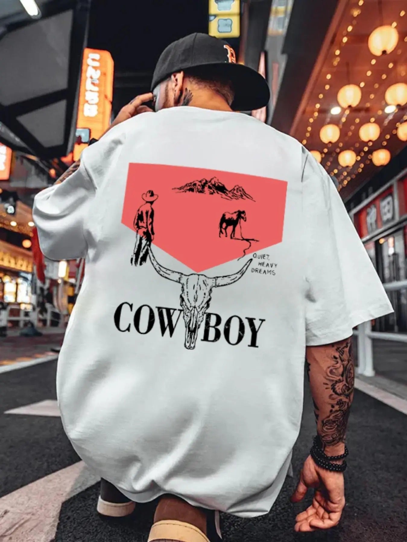 Men's Cowboy & Bull Head Print Drop Shoulder Tee, Regular Fit Casual Comfy Round Neck Half Sleeve T-shirt for Summer,...