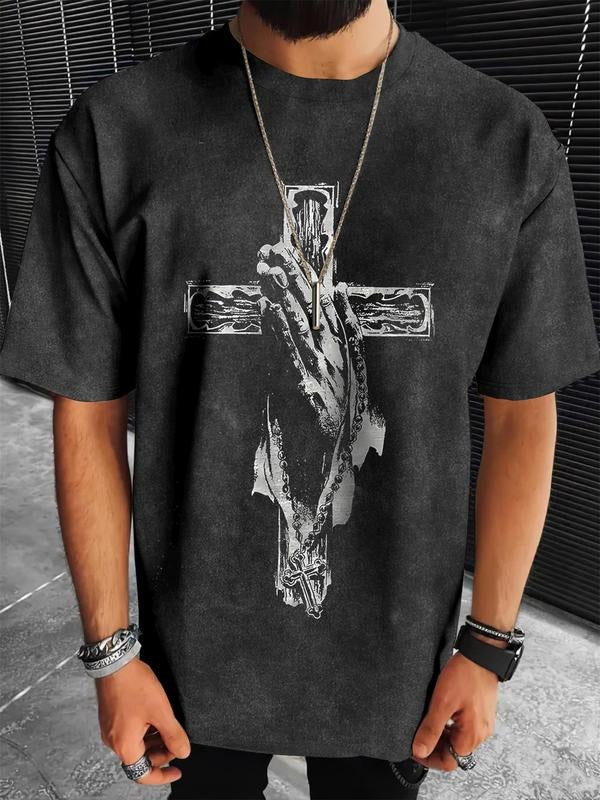 Men's Cross & Hand Print Short Sleeve Graphic Tee, Casual Comfy T-shirt for Daily Wear, Men's Top for All Seasons,...