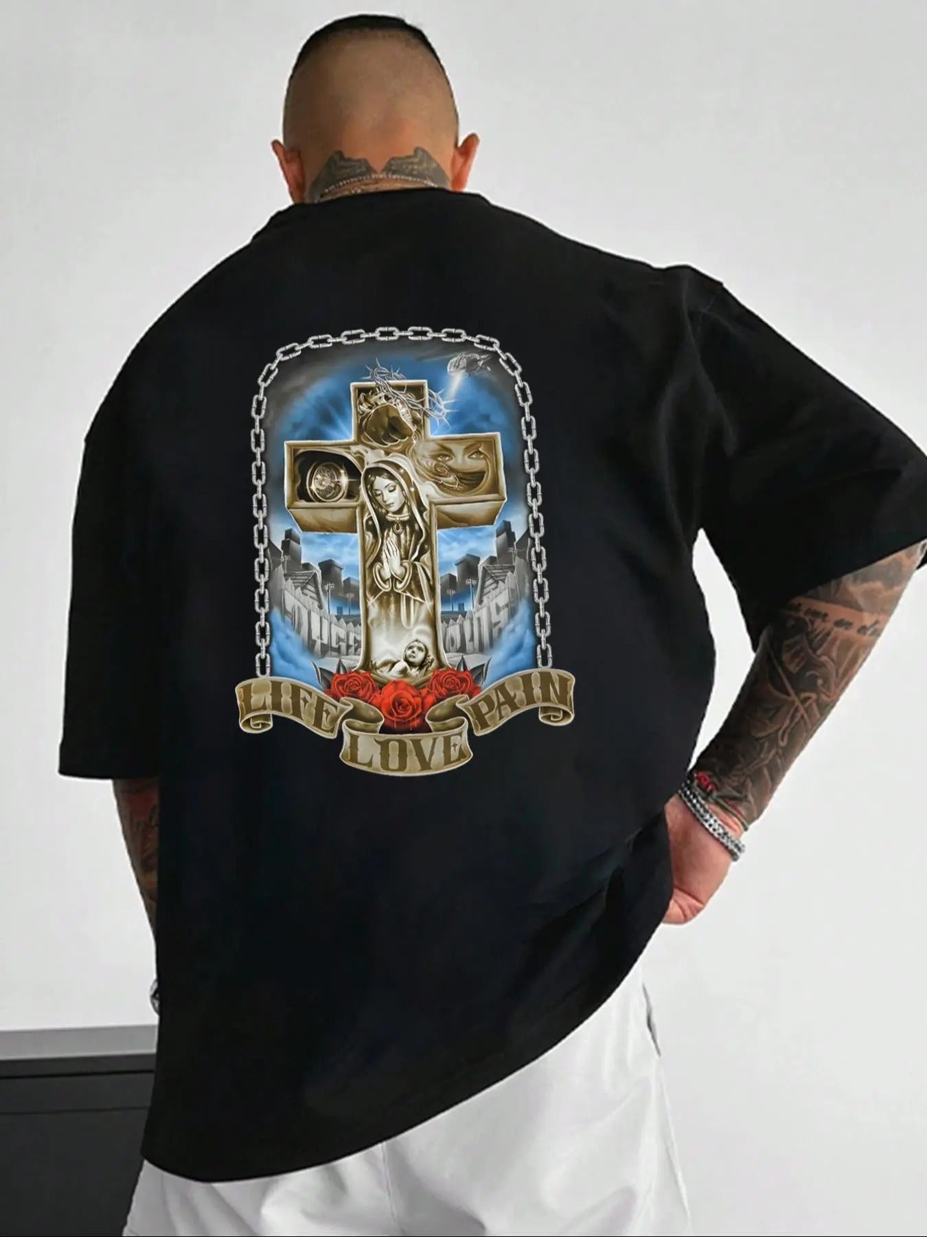 Men's Cross & Letter Print Drop Shoulder Tee, Regular Fit Casual Comfy Round Neck Half Sleeve T-Shirt for Summer, Men's...