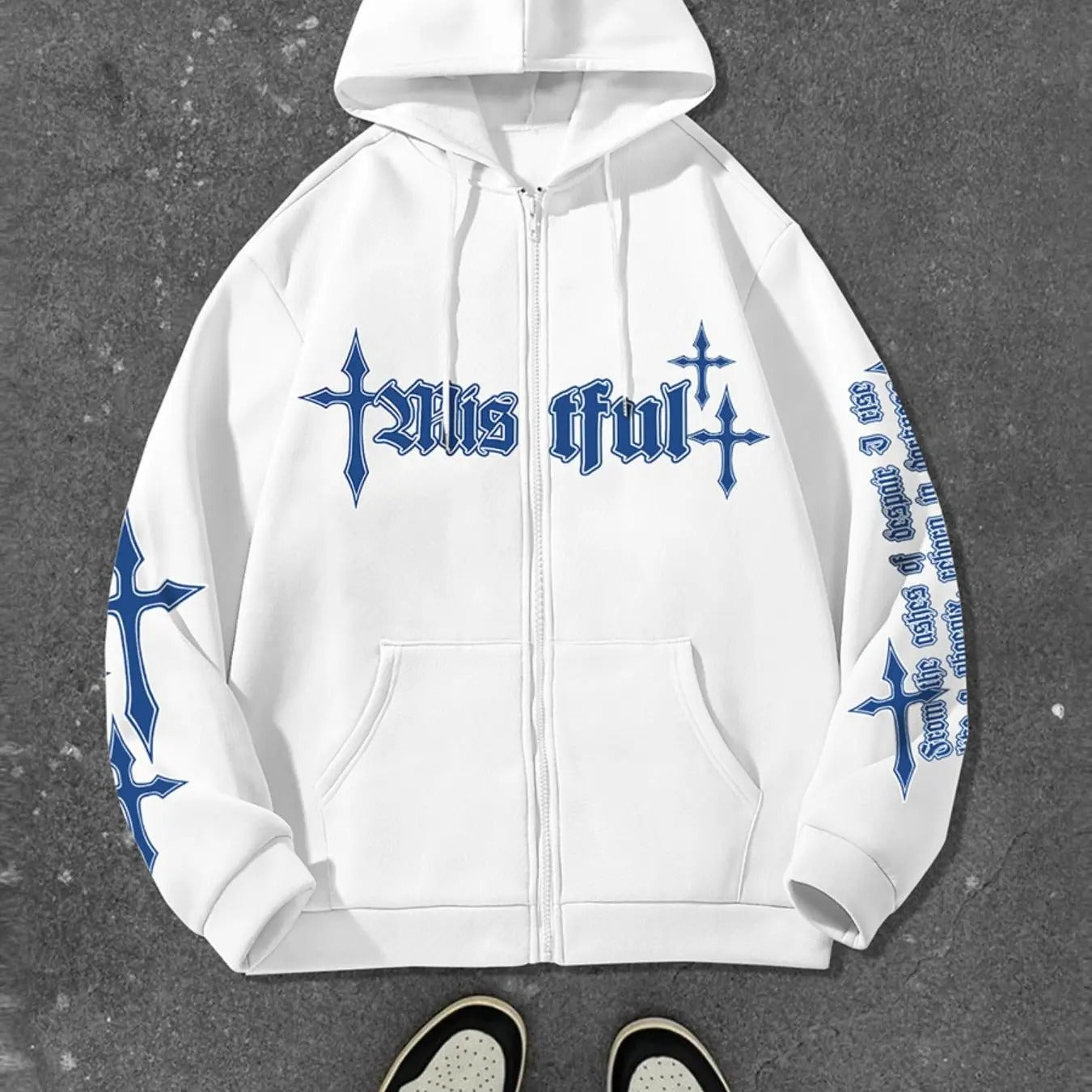 Men's Cross & Letter Print Drop Shoulder Zip Up Hoodie, Fashion Casual Loose Drawstring Pocket Hooded Sweatshirt for...
