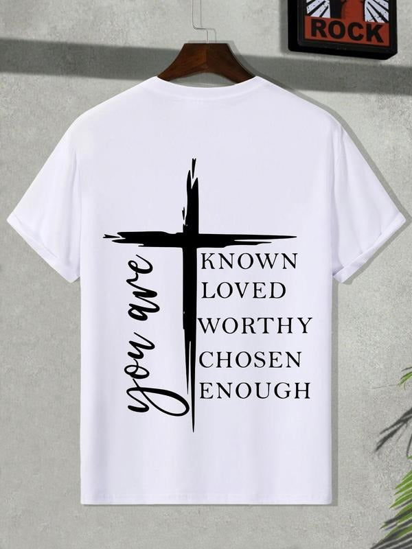 Men's Cross & Letter Print Round Neck Tee, Casual Comfy Short Sleeve T-shirt for Summer, Men's Top for Daily Wear Hoodie,...