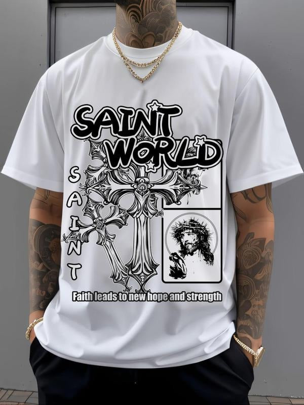 Men's Cross & Letter Print Round Neck Tee, Regular Fit Casual Short Sleeve Crew Neck T-Shirt for Daily Wear, Men's Top...
