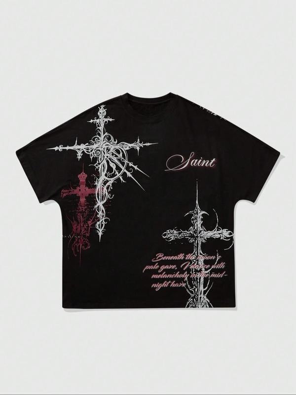 Men's Cross & Skull Print Round Neck Tee, Loose Casual Comfy Short Sleeve T-shirt for Daily Wear, Men's Sleepwear &...