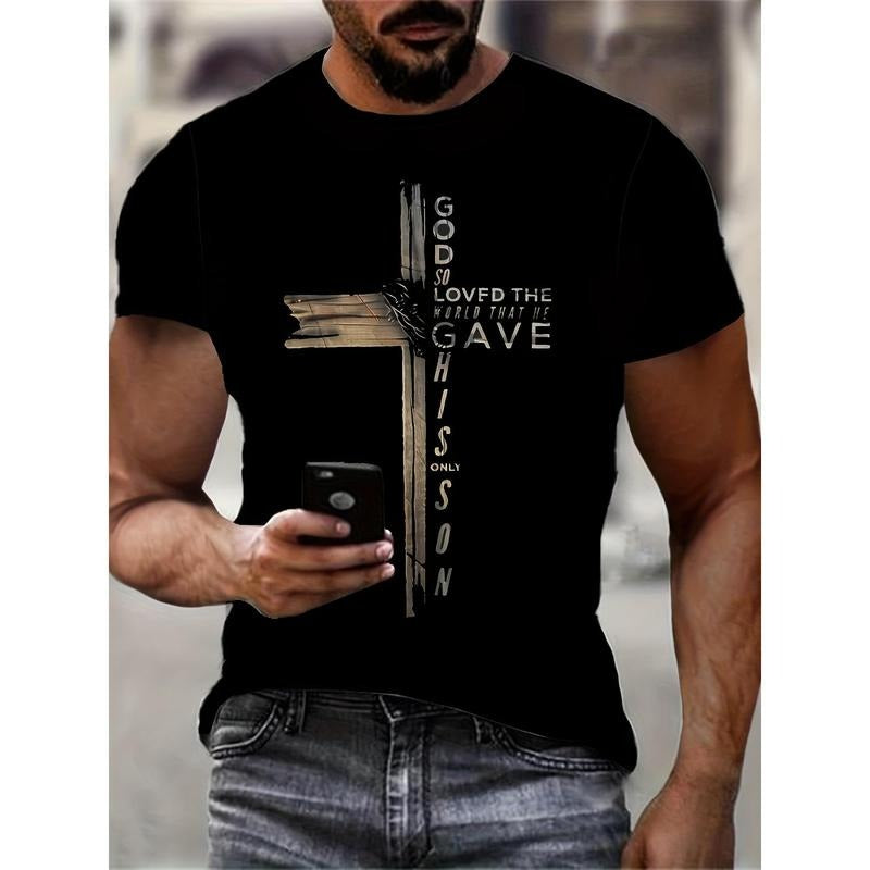 Men's Cross Graphic Print T-shirt, Casual Short Sleeve Crew Neck Tee, Men's Clothing For Summer Outdoor Made in USA...