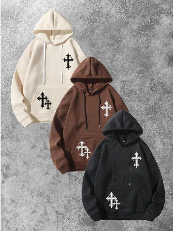 Men's Cross Print Drawstring Lounge Hoodie, Casual Regular Fit Pocket Long Sleeve Lounge Hooded Sweatshirt, Men...