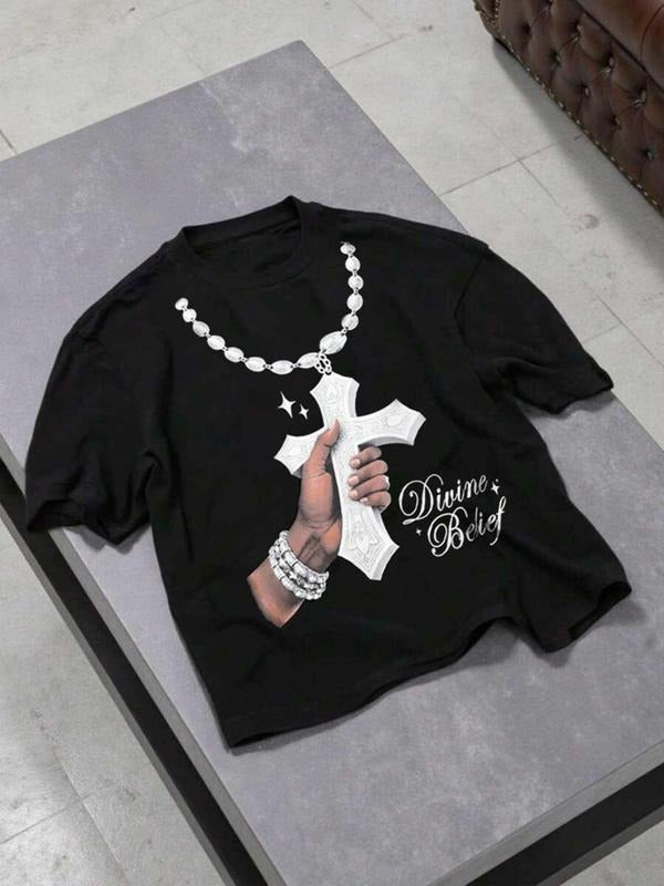 Men's Cross Print Short Sleeve T-Shirt, Regular Fit Casual Fashion Crew Neck Tee for Daily Wear, Men's Top for All...