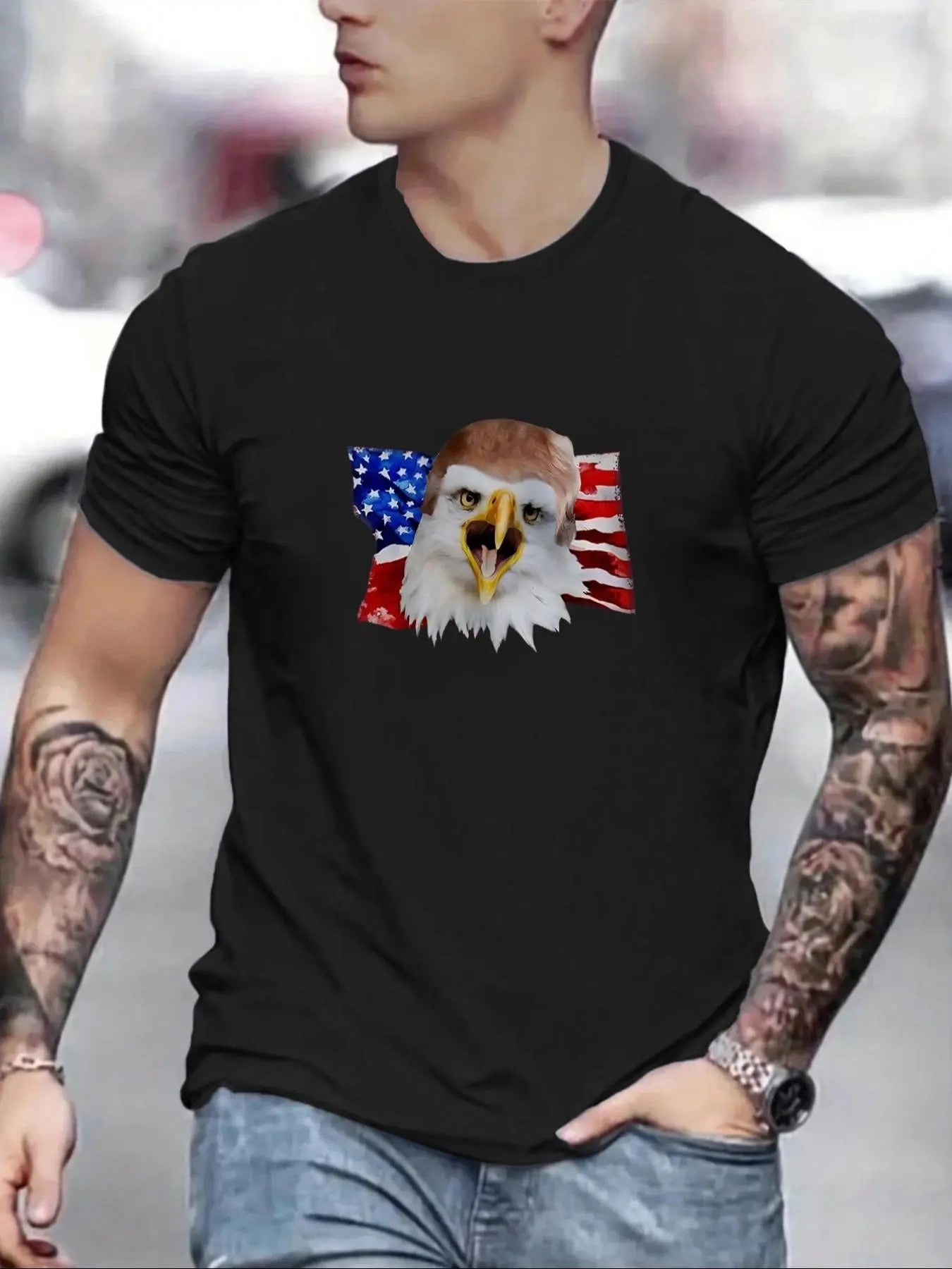 Men's Eagle & American Flag Print Round Neck Tee, Regular Fit Casual Short Sleeve Crew Neck T-shirt for Summer, Fashion...