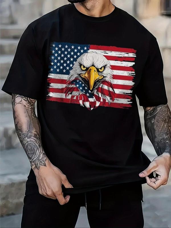 Men's Eagle & American Flag Print Round Neck Tee, Regular Fit Casual Short Sleeve T-shirt for Daily Wear, Men's Top for...