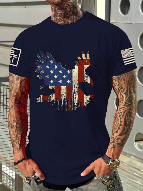 Men's Eagle & American Flag Print Round Neck Tee, Regular Fit Casual Short Sleeve T-shirt for Daily Wear, Men's Top for...