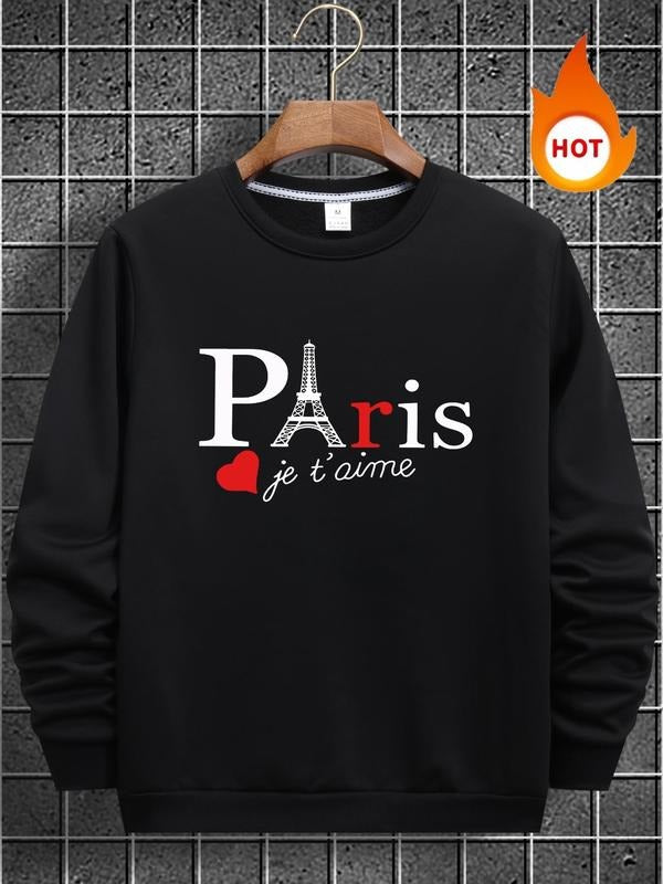 Men's Eiffel Tower & Letter Print Round Neck Fleece Lined Sweatshirt, Regular Fit Casual Long Sleeve Crew Neck Pullover...