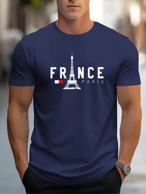 Men's Eiffel Tower Print Round Neck Tee, Regular Fit Casual Short Sleeve Crew Neck T-Shirt for Daily Wear, Men's Top for...