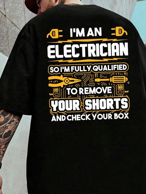 Men's Electrician Letter Print Round Neck Graphic Tee, Regular Fit Casual Short Sleeve T-shirt for Summer, Men's Top for...