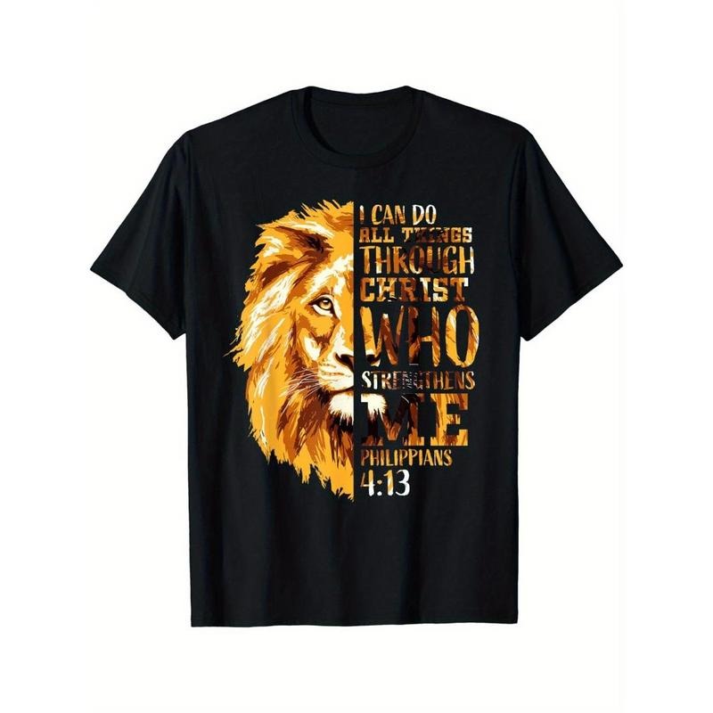 Men's Fashion Novelty T-Shirt: Lion Pattern "I Can Do All Things" Print Comfy Breathable Round Neck Short Sleeve Tee for...