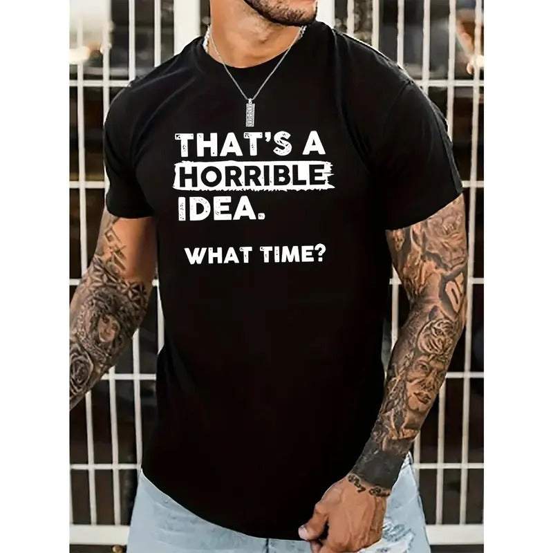 Men's Fashionable Round Neck T-Shirt, Polyester, Non-Transparent Letter Pattern, Machine Washable