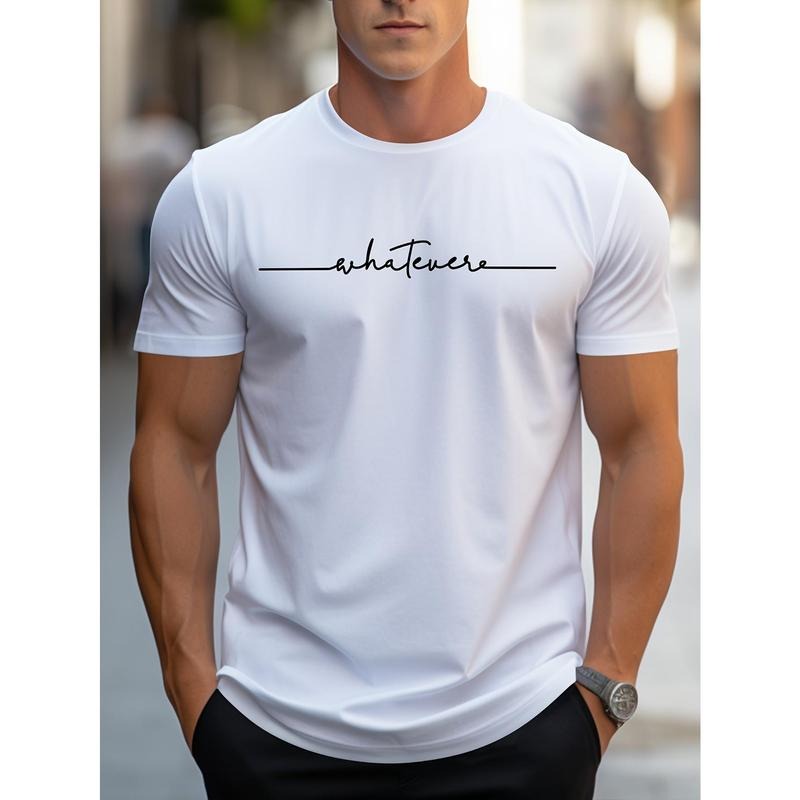 Men's Fashionable Summer Short Sleeve Crew Neck Sports T-shirt, Comfortable And Versatile Tops With Black Line Alphabet...