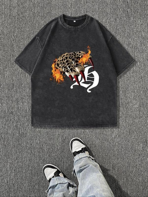 Men's Fire & Letter Print Round Neck Graphic Tee, Regular Fit Casual Short Sleeve T-shirt for Summer, Men's Top for Daily...
