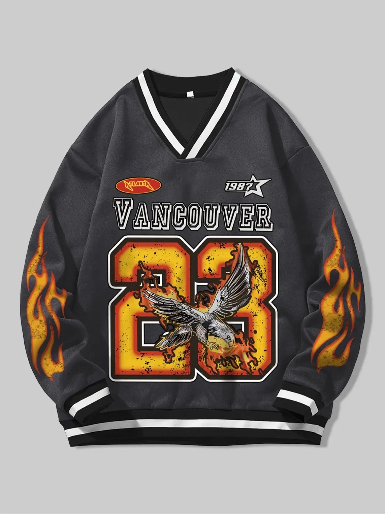 Men's Fire & Number Print Vintage Sweatshirt, Casual Sporty Long Sleeve Pullover for Outdoor Activities, Fashion Men's...