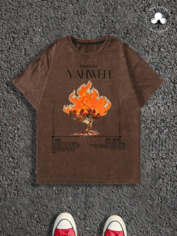 Men's Fire Tree Print Wash Distressed Graphic Tee, Regular Fit Casual Street Short Sleeve T-shirt for Daily Wear, Men's...