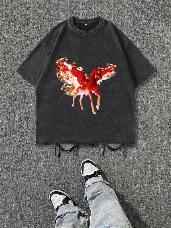 Men's Fire Wing Print Round Neck Tee, Regular Fit Casual Short Sleeve Crew Neck T-Shirt for Daily Wear, Men's Top for...