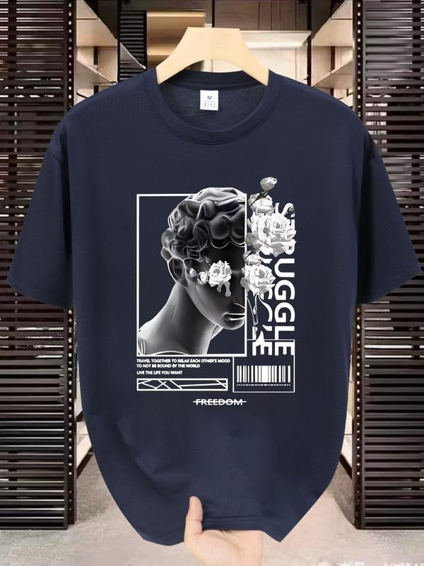 Men's Floral & Letter Print Round Neck Graphic Tee, Regular Fit Casual Short Sleeve T-shirt for Summer, Men's Top for...
