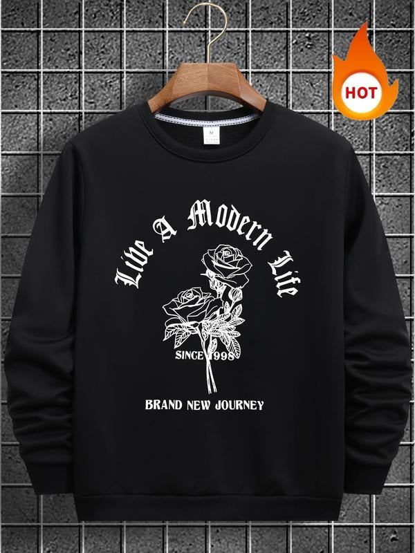 Men's Floral & Letter Print Round Neck Sweatshirt, Regular Fit Casual Long Sleeve Crew Neck Pullover for Fall & Winter,...