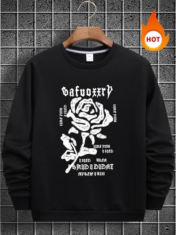 Men's Floral & Letter Print Round Neck Sweatshirt, Regular Fit Street Casual Long Sleeve Crew Neck Pullover for Fall &...