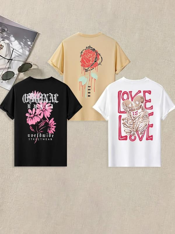 Men's Floral & Letter Print Short Sleeve Graphic Tee, Regular Fit Casual Round Neck T-shirt for Summer, Men's Top for...
