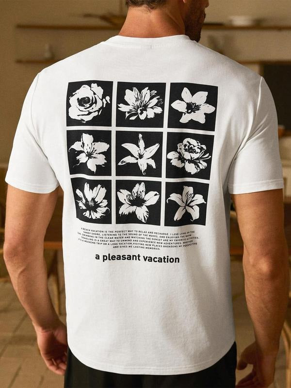 Men's Floral Print Round Neck Tee, Regular Fit Casual Short Sleeve Crew Neck T-Shirt for Summer, Fashion Men's Top for...