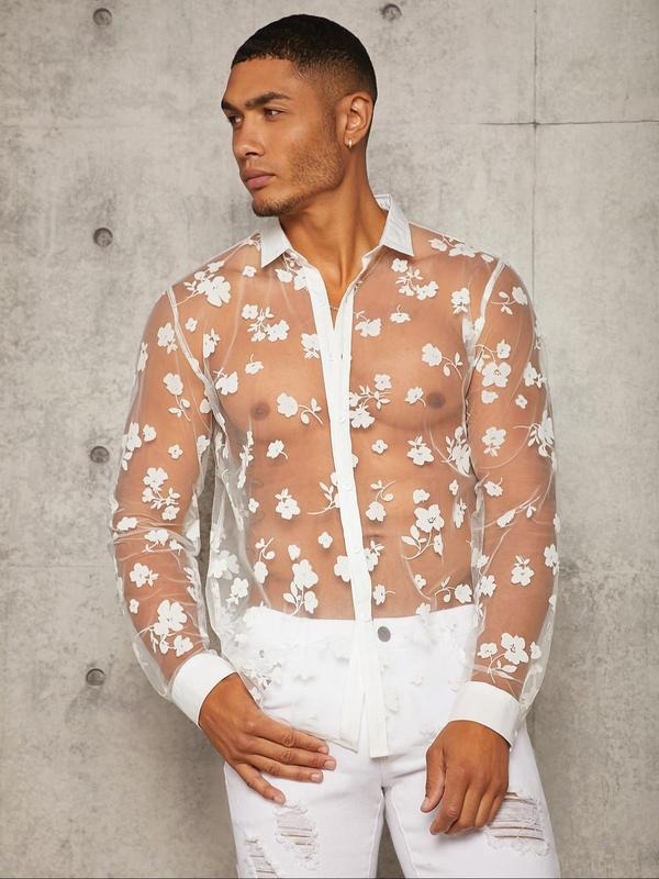 Men's Floral Print Tie Neck Long Sleeve Shirt, Regular Fit Casual Sheer Top for Daily Wear, Men's Sleepwear & Loungewear...
